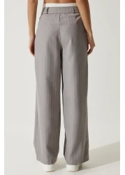 Happiness İstanbul Women's Gray Contrast Waist Detailed Striped Woven Trousers CI00104