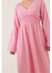 Bianco Lucci Women's V-Neck Waist Gimped Wide Sleeves Slit Detailed Long Cotton Muslin Dress 3016 60283196