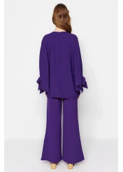 Modest Purple Bat Sleeve Woven Aerobin Tunic-Pants Set TCTSS23US00043