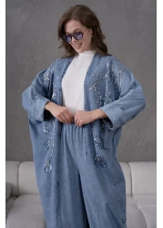 Miss Allos طقم كيمونو نسائي من قماش الدنيم المطرز بالترتر والترتر واللؤلؤ واللؤلؤ وسروال من قماش الدنيم