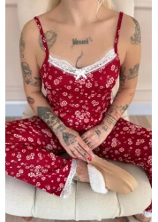 Pijamaevi Red Clover Lace Rope Strap Knitted Women's Pajama Set