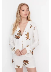  Collection Ecru Tiger Pattern Viscose Shirt-Shorts Woven Pajamas Set THMAW21PT0340