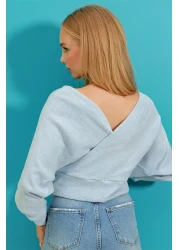 Trend Alaçatı Stili بلوزة نسائية زرقاء من الأمام ورقبة على شكل حرف V مزدوجة الصدر ALC-019-053-BLZ