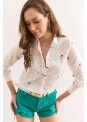 Olalook Women's White Purple Color Floral Cotton Scallop Shirt Gml-19001326