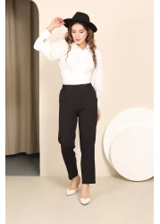 CLB COLLECTION بنطلون نسائي ضيق الساق بخصر مطاطي وزر