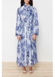  Modest Blue Floral Patterned Lined Long Chiffon Evening Dress TCTSS24EB00040