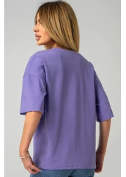 Happyfox V-Neck Unprinted Oversize Women's T-Shirt - Cotton and Lycra, Basic Blue Purple