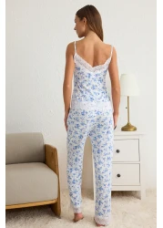  Collection Blue-Multicolor Floral Lace and Ribbon/Bow Detail Viscose Knitted Pajamas Set Thmss20Pt0134