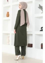 sefamerve Khaki Necklace Tunic and Trousers Set - 0580-04