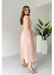 MODAMİNEM Women's Powder Pleated Lacing Detail Dress