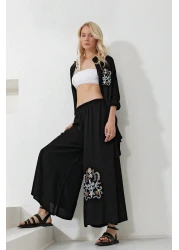 Trend Alaçatı Stili Women's Black Back and Front Embroidered Long Shirt and Loose Trousers Set ALC-X11915