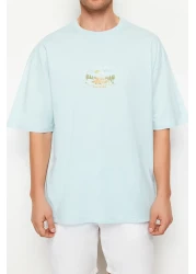  Collection Oversize Blue Embroidered Landscape T-Shirt - 100% Cotton, Short Sleeve - TMNSS23TS00243