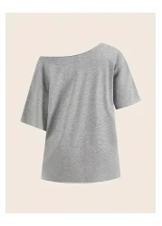 Machetta تي شيرت نسائي برقبة قارب Oywouos مطبوع كبير الحجم مصنوع من القطن بنسبة 100%