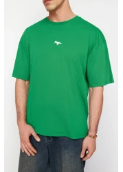  Collection Green Oversize/Wide Cut Dinosaur Embroidered 100% Cotton T-Shirt TMNSS23TS00243 TMNSS23TS00243