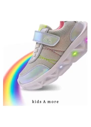 kids A more Valeria Silvery Air Mesh and Vegan Leather Lighted Sole Girls' Sports Shoes Ice Color