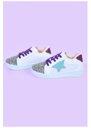 MECH BUTİK Girl's White Sneakers Green Starry Silver Sequin Colorful Lace-Up Sneakers