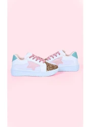 MECH BUTİK Girls' White Sports Shoes Pink Starry Gold Color Sequin Colorful Lace-Up Sneakers