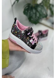 Nstil Black - Pink Girls' Sports Shoes, Oval Glitter and Velcro Toe Pattern 4004