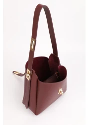 NOTHING Women's Burgundy Gold Lock Detailed Accessory Adjustable Lock Strap Handbag and Shoulder Bag