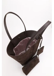 NOTHING Bitter Brown Suede Women's Bag - with Wallet, Makeup Bag, Lined, Large Size Hand and Shoulder Bag, Rosa