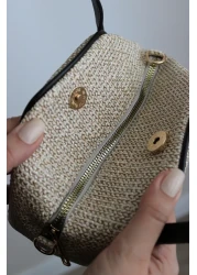 Mimoza حقيبة يد وكتف نسائية من الجلد الصناعي الأسود المزخرف بالقش