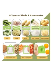 قطاعة خضروات متعددة الوظائف 8 في 1 - معالج طعام، مفرمة بصل، فاصل بيض، مبشرة جبن، قطاعة ماندولين مع ملحقات طحن وتقطيع وتقطيع مكعبات