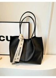 Women s Versatile Solid Color Handbag Malist PU Leather Large Capacity Shoulder Bag With Silk Scarf Decor Lightweight Large Capacity Shopping Bags For Daily Office Work Fashion Waterproof Square Tote