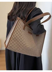 Houndstooth Pattern Large Tote Bag For Women Stylish Simple Design Versatile For Commuting And Going Out Shoulder BagSchool Bag Back To School Backpack Large Capacity Lightweight Portable Business Cas