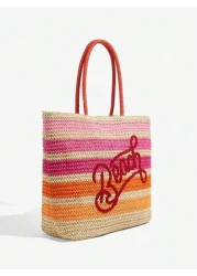 SHEIN BAE Casual Holiday Colorblock Striped Letter Embroidery Tote Bag
