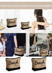 طقم حقيبة كتف بطباعة رسائل شاطئية من كتان بسيط، حقيبة تسوق بقايا صالحة لإعادة الاستخدام وحقيبة مكياج، حقيبة ه