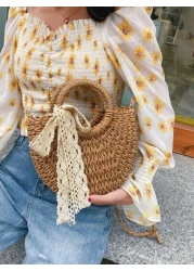 Lightweight Portable Small Straw Bag Skinny Scarf Decor Drawstring Double Handle For For Teen Girls Women College Students Perfect For School Outdoors Travel Outings Handbag Shoulder Bag Elementary Sc