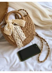 1 Pc Fashionable Bohemian Vacation Style Solid Color Woven Grass With Ribbon Decoration Circular Handle Women s Hand Held Beach Bag Suitable For Leisure Travel Vacation Simple Clothing Matching And Ou