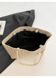 Versatile Solid Color Straw Tote Bag For Women Fashion Large Capacity Woven Underarm Bag Boho Style Small Daisy Decoration Shoulder Bag Lightweight Daily Commuting Shopping Beach Bags Exquisite Summer