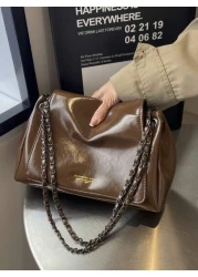 حقيبة جلدية مشمعة للنساء مع سلسلة كتف ، حقيبة عبر الجسم كبيرة