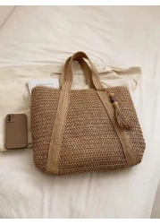 1 Pc Fashionable New Casual Summer Holiday Style Large Capacity Portable Solid Color Grass Woven Zipper Tote Bag With Wooden Bead Tassel Pendant Women s Beach Bag Suitable For Outdoor Leisure Vacation