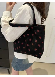 Fashionable Strawberry Print Tote Bag Large Capacity All Match Corduroy Material Shoulder Women s Bag Cute Strawberry Purse