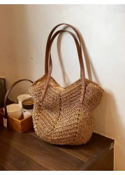 حقيبة قش سعة كبيرة بمقبضين موضة جديدة للنساء، مناسبة للتنقلات اليومية والتسوق والسفر، تصميم خفيف وعملي مثالي
