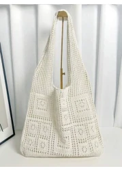 Minimalist Crochet Bag Hollow Out Design Vacation School Bag Large Capacity Portable For Teen Girls Women College Students White Collar Workers Perfect For Work Back To School Middle School High Schoo