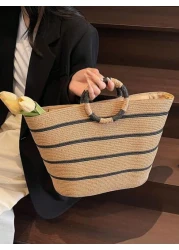 حقيبة كبيرة السعة منسوجة من القش، حقيبة يد عصرية متعددة الاستخدامات للنساء، حقيبة تسوق ذات نمط مخطط، حقيبة يد