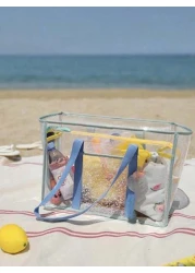 1 2pcs Clear Mesh Large Capacity Tote Bag Beach Bag PVC Waterproof Sandproof Storage Bag Mesh Beach Bag Large Beach Tote Bag Summer Beach Toy Storage Bag Bathroom Bag Foldable Shoulder Handbag Beach S