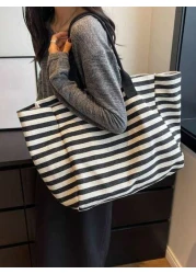 Yogodlns Simple Stripe Design Tote Bag For Girls Women Canvas Shoulder Bag Ladies Shopping Bags High Quality Handbagsschool Tote Bag Portable Foldable Business Casual Suitable For Teen Girls Women Col