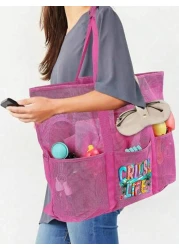 Mesh Beach Bag Large Beach Tote Bag Multi Use Organizer With Zipper Closure Foldable Handy Large Mesh Tote Bag Lightweight For Family Beach Bag For Toys Vacation Essentials School Bag Large Capacity W