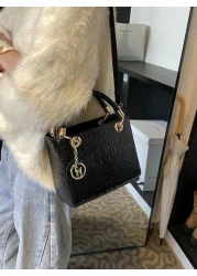 حقيبة يد نسائية كبيرة السعة، حقيبة يد أنيقة فاخرة للنساء، ذات نسيج مزخرف بنمط التمساح، باللون الأسود، ذات حزا