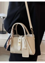 Fashionable Minimalist Casual 1pc Fashionable Solid Color Lychee Pattern Pu Leather Handbag Crossbody Bag With Lock Decoration And Silk Scarf Suitable For Daily Use For Girl Teen Girls