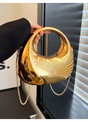 1pc New Arrival Golden Acrylic Clutch Bag Fashionable Personalized Handbag For Evening Party With Light Silver Color Moon Shaped Glittering Surface Detachable Metallic Chain Strap For Crossbody Wearin