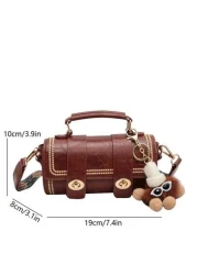 1pc Vintage Cylinder Handbag For Women Daily Use With Fuzzy Decor Retro Inspired Bag For Women