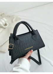 Lightweight Business Casual Small Square Bag Double Handle Crocodile Embossed Letter Pattern For Teen Girls Women College Students Rookies White Collar Workers Perfect For Office College Work Business