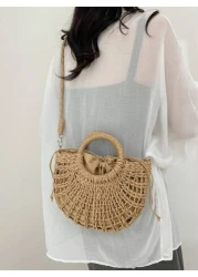 1pc Half Moon Hollow Out Handbag Fashionable Beach Vacation Straw Woven Bag Vacation Bag For Summer Perfect For Beach Vacation Travel Shopping And Vacation Essentials Eye Catching Beach Bag Summer Sum