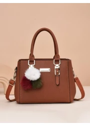 Lightweight Business Casual Litchi Embossed Square Bag Pom Pom Decor PU Mothers Day Gift For Mom For Teen Girls Women College Students Rookies White Collar Workers Perfect For Office College Work Busi