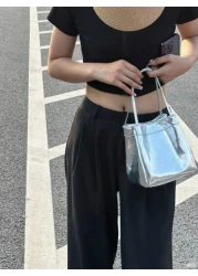 2025 Spring Summer New Silver Color Lunch Box Tote Bag Women s Commute Shiny Mirror Handbag Fashionable Simple Silver PU Leather Bucket Bag Casual Lightweight Solid Color Handbag
